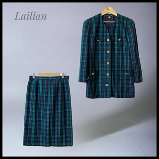 レリアン(leilian)の【Lailian】 チェック柄スカートスーツ セットアップ 金ボタン ノーカラー(スーツ)