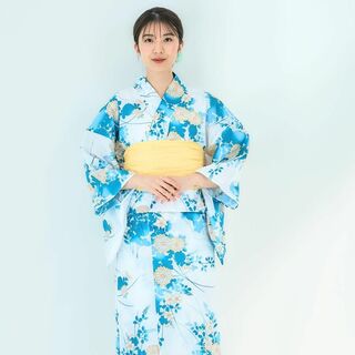 【2点セット】浴衣 兵児帯付き レディース 白 青 菊 wy17(浴衣)