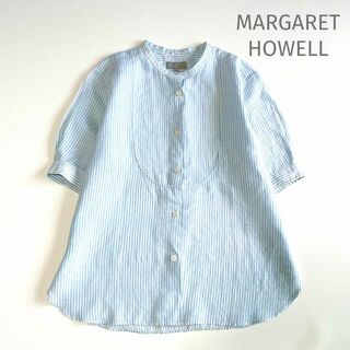 MARGARET HOWELL - MARGARET HOWELL リネン ストライプ バンドカラー シャツ