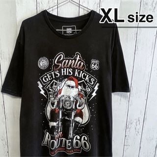 ROUTE 66　Tシャツ　ウォッシュ加工　ブラック　バイク　サンタ　USA古着(Tシャツ/カットソー(半袖/袖なし))