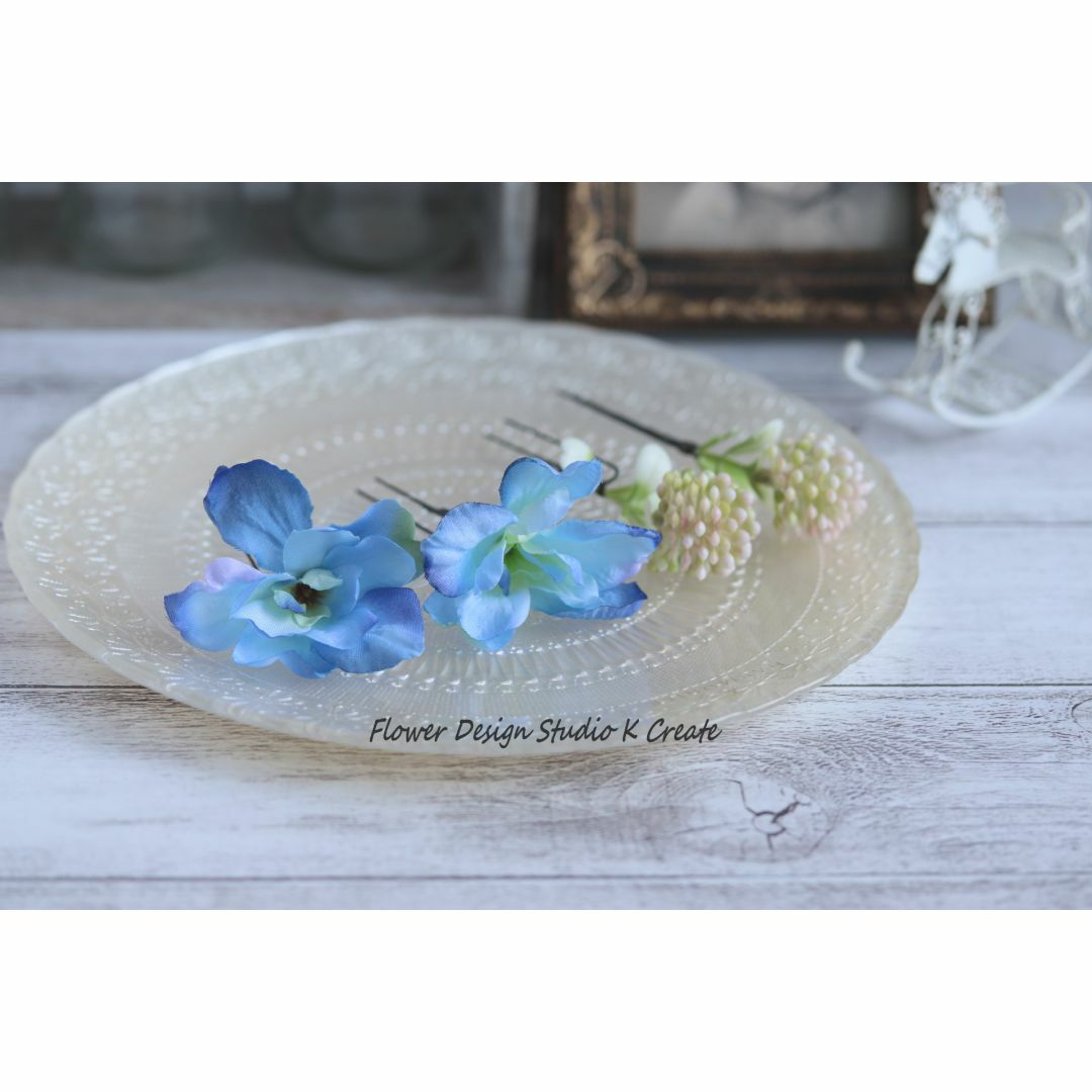 青いバラとプルメリアのヘッドドレス 紫陽花 スィートピー 青いバラとプルメリアのヘッドドレス 紫陽花 スィートピー