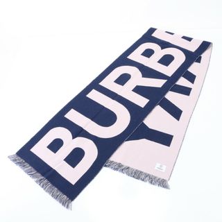 バーバリー(BURBERRY)の極美品 バーバリー ロゴ フリンジ マフラー ネイビー × ピンク ウール ストール ショール 秋 冬 防寒具 婦人 レディース HHM Q3-3(マフラー/ショール)