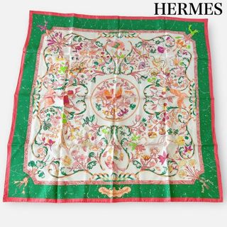 エルメス(Hermes)のHERMES エルメス　東洋の石と西洋の石細工　カレ90 スカーフ　鳥　花ピンク(バンダナ/スカーフ)