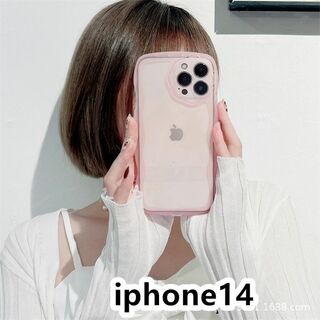 iphone14ケース 透明 波型花 ピンク297(iPhoneケース)