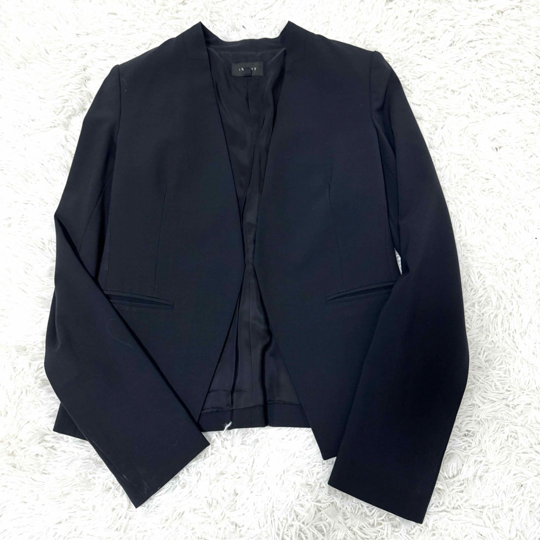 美品 セオリー theory セットアップ スカートスーツ ノーカラー ブラック 美品 セオリー theory セットアップ スカートスーツ ノーカラー ブラック