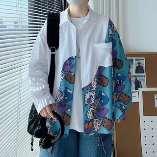 早割　古着風　柄シャツ　ゆったり　羽織　XL 猫　韓国　カジュアル　チャイナ風(シャツ)