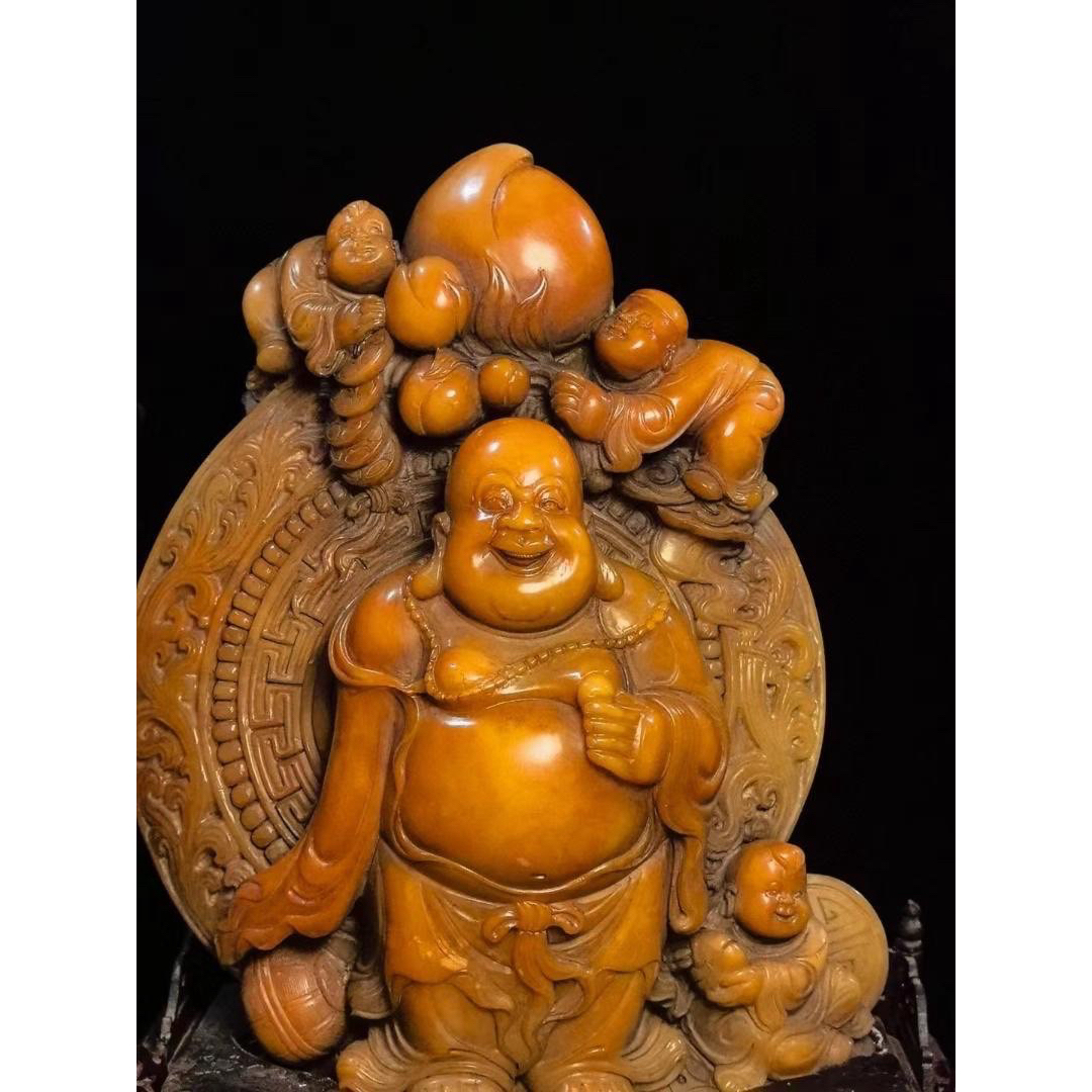 中国古美術・寿山石童子戯佛の印鑑・手彫り・極品金田黄石・風水・仏像・文房具・置物 中国古美術・寿山石童子戯佛の印鑑・手彫り・極品金田黄石・風水・仏像・文房具・置物