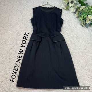 FOXEY NEW YORK - 【美品】フォクシーニューヨーク★総柄ワンピース★フェイクレザー★ネイビー