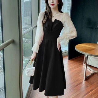【売れてます】レディース　ドレス　ワンピース　ロング　韓国風　シンプル　黒(ミディアムドレス)