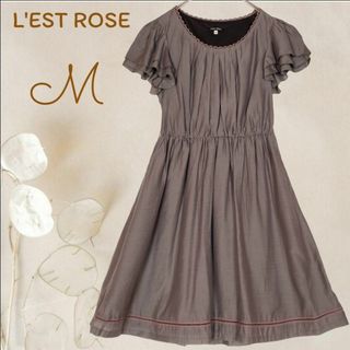 レストローズ(L'EST ROSE)のb5035【レストローズ】半袖チュニックワンピースMフレア袖ほんのり光沢グレー茶(チュニック)