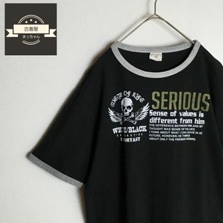 【半袖Tシャツ】リンガーTシャツ プリントデザイン バイカラー LL 古着(Tシャツ/カットソー(半袖/袖なし))