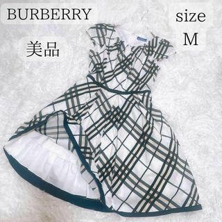 BURBERRY LONDON コットン リネン フレアワンピース 春 M 白黒(ひざ丈ワンピース)