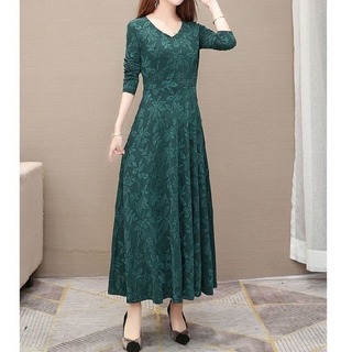 【売れてます】ワンピース　ドレス　グリーン　ボタニカル　ロング　スカート　七分袖(ロングドレス)