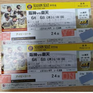 ハンシンタイガース(阪神タイガース)の2024年6月6日(木)阪神甲子園球場 阪神VS楽天 1塁アイビーペアチケット(野球)