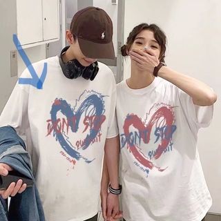 【残り1点】 カップル服　Tシャツ　メンズ　ホワイト　半袖　XL　ハート　ゆるめ(Tシャツ/カットソー(半袖/袖なし))