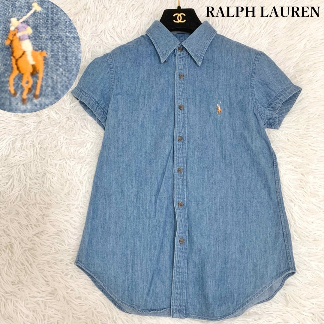 Ralph Lauren(ラルフローレン)のラルフローレン ポニー刺繍デニムシャツ 半袖 コットン 9号 美品 ホース刺繍 レディースのトップス(Tシャツ(半袖/袖なし))の商品写真
