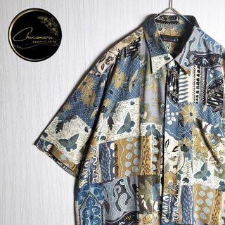 VINTAGE - 総柄シャツ 半袖 レトロ柄 L レーヨン 日本製 くすみカラー ビンテージ 古着