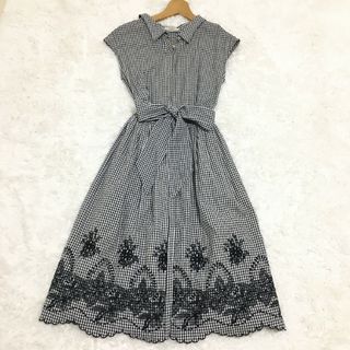 美品 Noela ノエラ 裾レース 刺繍 シャツワンピース チェック ロング