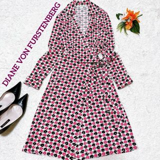 極美品✨DVF　カシュクールワンピース　ラップ　シルク混　総柄　ピンク黒白　6