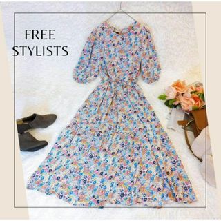 FREE STYLISTS／Ｆ／小花柄　フェミニンフリルミモレ丈フレアワンピース(ひざ丈ワンピース)