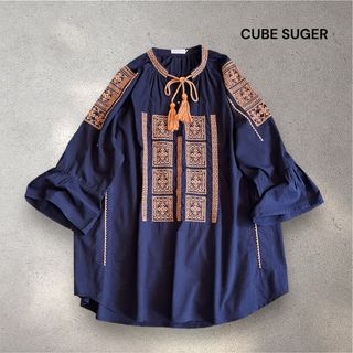 キューブシュガー(CUBE SUGAR)のCUBE SUGER 刺繍ブラウス 黒 Mサイズ コットン100% インド製(シャツ/ブラウス(長袖/七分))