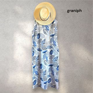 グラニフ(Design Tshirts Store graniph)のグラニフ ロング ワンピース スウェット ノースリーブ フリーサイズ ブルー 白(ひざ丈ワンピース)