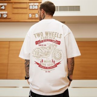 【残り1点】 Tシャツ　ホワイト　メンズ　バイク　XL　五分袖　ゆったり　大きめ(Tシャツ/カットソー(半袖/袖なし))