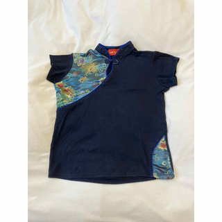 神戸　中華街で購入　チャイナTシャツ　中華ブラウス　紺　Lサイズ(Tシャツ(半袖/袖なし))
