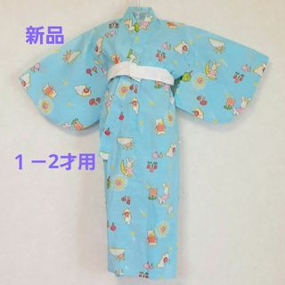 新品 ベビー浴衣  80-90★水色 動物 ゆかた 1-2才 男女(甚平/浴衣)