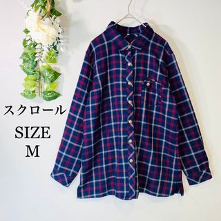 スクロール　胸ポケット付きチェックシャツ　チェック　レーヨン35% ネイビー　M(シャツ/ブラウス(長袖/七分))