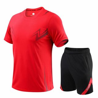 トレーニングウェア メンズ 上下 半袖 ランニングウェア レッド L(Tシャツ/カットソー(半袖/袖なし))