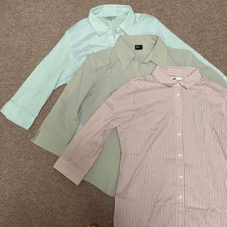 ユニクロ(UNIQLO)のしまむら　ユニクロ　制服　ブラウス　シャツ七分　ブルー　ピンク　ストライプ(シャツ/ブラウス(長袖/七分))