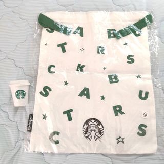 スタバ2点★巾着型袋 巾着ポーチ  白 ロゴ入り STARBUCKS A4サイズ