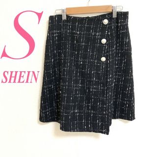 SHEIN - シーイン　台形スカート　S　ブラック　ホワイト　総柄　きれいめ　ポリ100%