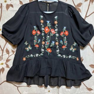 SELECT MOCA - レディース　M サイズ　セレクトモカ　黒　花柄刺繍　シフォン　半袖ブラウス　美品