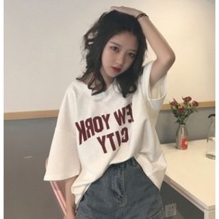 【残り僅か】トップス　夏　韓国　プリントシャツ　ＸＬ　ホワイト　(Tシャツ(半袖/袖なし))