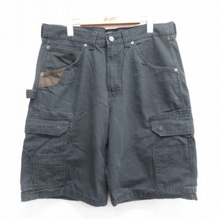 ラングラー(Wrangler)のW34★古着 ラングラー Wrangler ショート カーゴ パンツ ショーツ メンズ リップストップ コットン 黒 ブラック 24may22 中古 ボトムス 短パン ショーパン(ワークパンツ/カーゴパンツ)