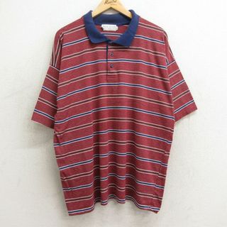 XL★古着 半袖 ポロ シャツ メンズ 90年代 90s 大きいサイズ エンジ他 ボーダー 24may22 中古 トップス(ポロシャツ)