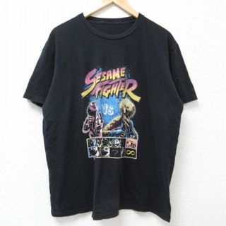 L★古着 半袖 Tシャツ メンズ セサミストリート エルモ ビッグバード クルーネック 黒 ブラック 24may22 中古(Tシャツ/カットソー(半袖/袖なし))