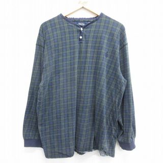 XL★古着 ノーティカ NAUTICA 長袖 ビンテージ ブランド Tシャツ メンズ 90年代 90s ワンポイントロゴ 大きいサイズ コットン ヘンリーネック 緑他 グリーン チェック 24may22 中古