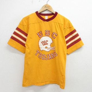 M★古着 半袖 ビンテージ フットボール Tシャツ メンズ 80年代 80s USC TROJANS コットン Vネック USA製 黄 イエロー 24may22 中古(Tシャツ/カットソー(半袖/袖なし))