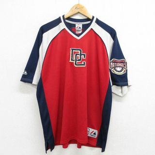 マジェスティック(Majestic)のXL★古着 マジェスティック 半袖 ビンテージ フットボール Tシャツ メンズ 00年代 00s MLB ワシントンナショナルズ メッシュ地 ラグラン Vネック 赤他 レッド メジャーリーグ ベースボール 野球 24may22 中古(Tシャツ/カットソー(半袖/袖なし))