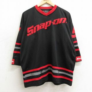 XL★古着 7分袖 Tシャツ メンズ スナップオン Snapon 大きいサイズ Vネック 黒他 ブラック 24may22 中古 7分丈 七分丈 七分袖(Tシャツ/カットソー(半袖/袖なし))