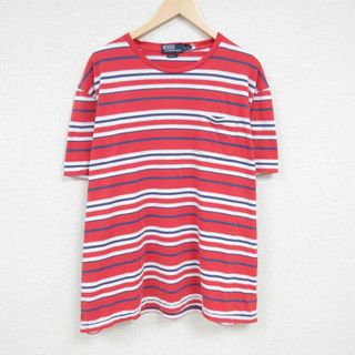 ラルフローレン(Ralph Lauren)のXL★古着 ラルフローレン Ralph Lauren 半袖 ブランド Tシャツ メンズ 90年代 90s ワンポイントロゴ チョコチン 胸ポケット付き 大きいサイズ コットン クルーネック 赤他 レッド ボーダー 24may22 中古(Tシャツ/カットソー(半袖/袖なし))