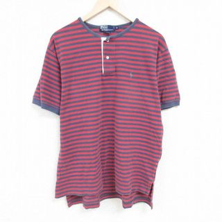 ラルフローレン(Ralph Lauren)のXL★古着 ラルフローレン Ralph Lauren 半袖 ブランド Tシャツ メンズ 90年代 90s ワンポイントロゴ 鹿の子 大きいサイズ コットン ヘンリーネック 紺他 ネイビー ボーダー 【spe】 24may22 中古(Tシャツ/カットソー(半袖/袖なし))