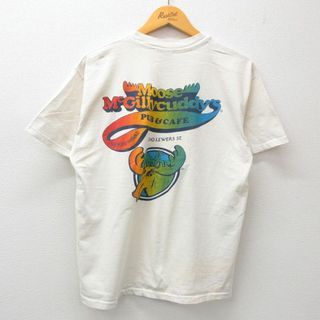 ヘインズ(Hanes)のL★古着 ヘインズ Hanes 半袖 ビンテージ Tシャツ メンズ 90年代 90s ムース カフェ コットン クルーネック USA製 生成り 24may22 中古(Tシャツ/カットソー(半袖/袖なし))