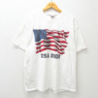 XL★古着 半袖 ビンテージ Tシャツ メンズ 00年代 00s USAロゴ 星条旗 大きいサイズ コットン クルーネック 白 ホワイト 24may22 中古(Tシャツ/カットソー(半袖/袖なし))