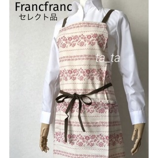 Francfranc - フランフラン　エプロン　レッド　花柄刺繍プリント　バッククロス