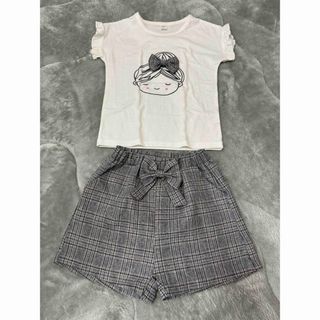 シーイン(SHEIN)の130 セットアップ　カットソー　ショートパンツ　チェック　グレー　リボン(Tシャツ/カットソー)