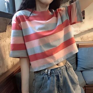 【ラス１】レディース 半袖Ｔシャツ Ｌ ピンク 縞柄 ゆったり かわいい 短め (Tシャツ(半袖/袖なし))